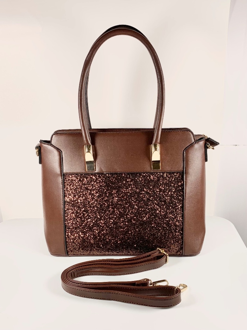 Glam Coffee Brown Faux Leather Satchel Crossbody Handbag Bronze Glitter Panel